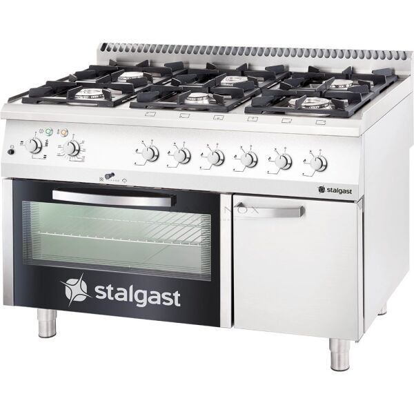 Stalgast Gasherd mit 6 Brennern (3,5+2x5+2x7+9), Elektro-Backofen GN2/1 und Unterschrank, Serie 700 ND