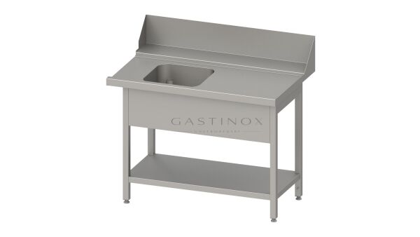 Stalgast Zulauftisch "PRO", Korbführung mit Gefälle, mit Grundboden, mit einem Becken, 800x750x880 mm, Anbauseite rechts, mit Aufkantung 200 mm und Beckenblende, verschweißt