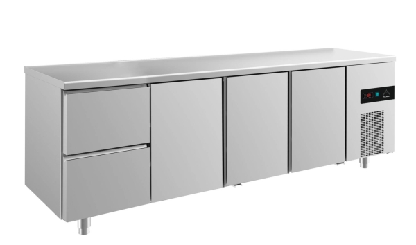 Premium Kühltisch -2 bis +8°C 2330x700x850mm mit 3x Türen und 1x zwei Schubladen