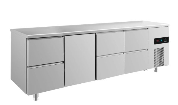 Premium Kühltisch -2 bis +8°C 2330x700x850mm mit 1x Tür und 3x zwei Schubladen