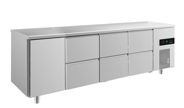 Premium Kühltisch -2 bis +8°C 2330x700x850mm mit 1x Tür und 3x zwei Schubladen