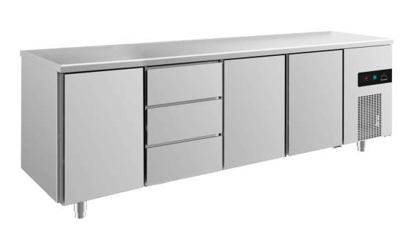 Premium Kühltisch -2 bis +8°C 2330x700x850mm mit 3x Türen und 1x drei Schubladen