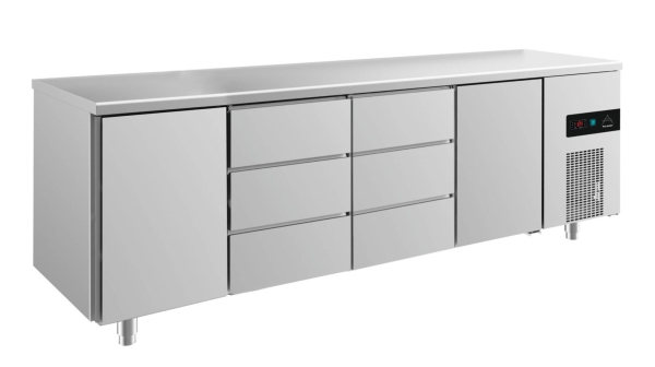 Premium Kühltisch -2 bis +8°C 2330x700x850mm mit 2x Türen und 2x drei Schubladen