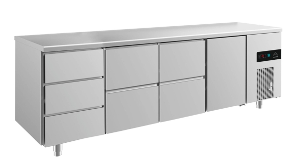 Premium Kühltisch -2 bis +8°C 2330x700x850mm mit 1x Tür, 2x zwei Schubladen und 1x 3 Schubladen
