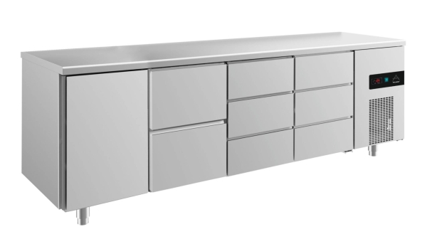 Premium Kühltisch -2 bis +8°C 2330x700x850mm mit 1x Tür, 1x zwei Schubladen und 2x 3 Schubladen