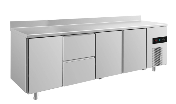 Premium Kühltisch -2 bis +8°C 2330x700x850mm mit 3x Türen und 1x zwei Schubladen