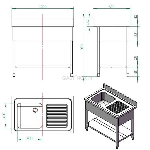 Spültisch 100 x 60 cm Becken links mit Abtropffläche