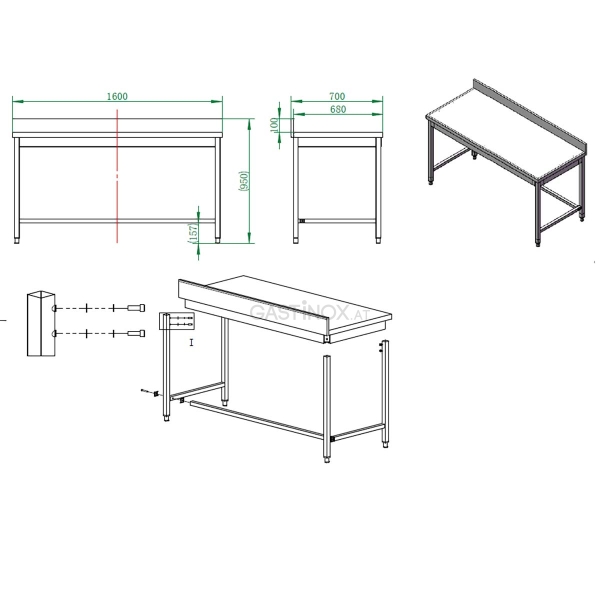 Arbeitstisch 160  x 70 cm unterfahrbar mit Aufkantung
