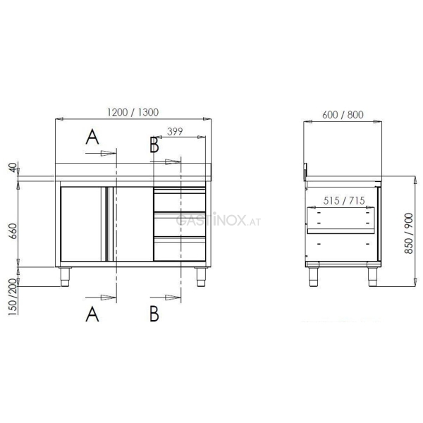 PROFI Arbeitsschrank 180 x 60 cm mit 2 Schiebetüren, 3 Schubladen und Aufkantung