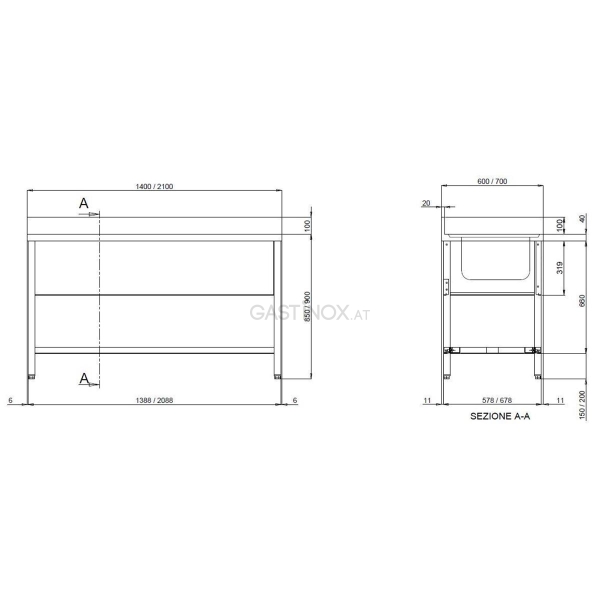 PROFI Spültisch 160 x 60 cm mit 2 Becken links und Abtropffläche