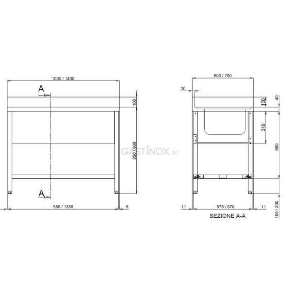 PROFI Spültisch 100 x 70 cm mit 1 Becken links und Abtropffläche