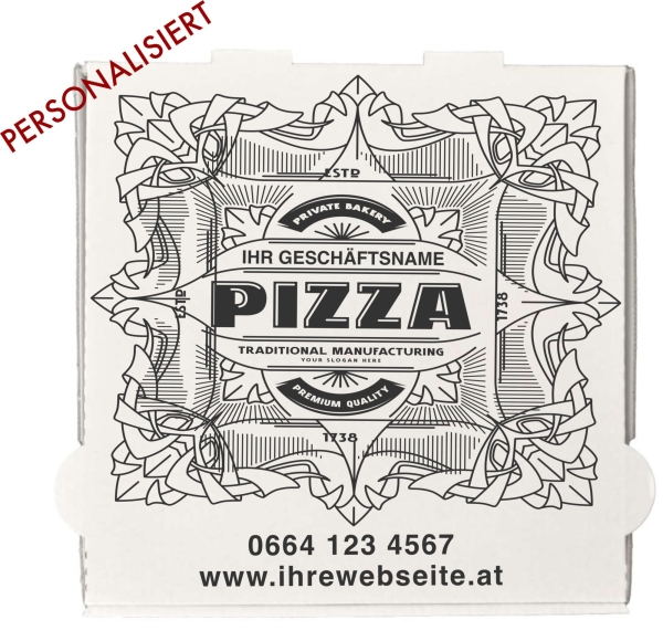 Pizzakarton 33x33x4 cm - personalisiert - 1 Palette, weiß-braun