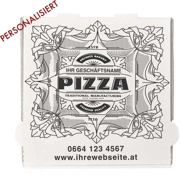 Pizzakarton personalisiert, 100 Stk., 30x30x3 cm, weiß-braun