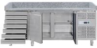 Premium Pizzatisch 2 x 0,8 m - mit GN 1/3 Kühlaufsatz - 2 Türen und 7 Schubladen, Prismafood iLine