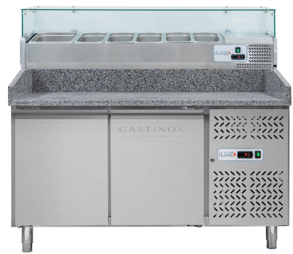 Premium Pizzatisch 1,5  x 0,8 m - mit GN 1/3 Kühlaufsatz - 2 Türen, Prismafood iLine