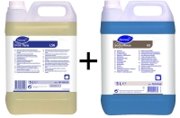 Reinigungschemie-SET für Spülmaschinen: 1x Hochleistungs-Geschirrreiniger Diversey Suma Tera L56 + 1x Diversey Klarspüler Suma Rinse A5