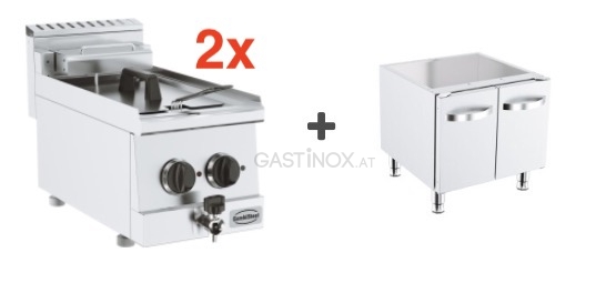 2x Fritteuse 10 Liter, 30x60 cm, 230 V - elektro mit 60x60 cm Unterbau mit Türen