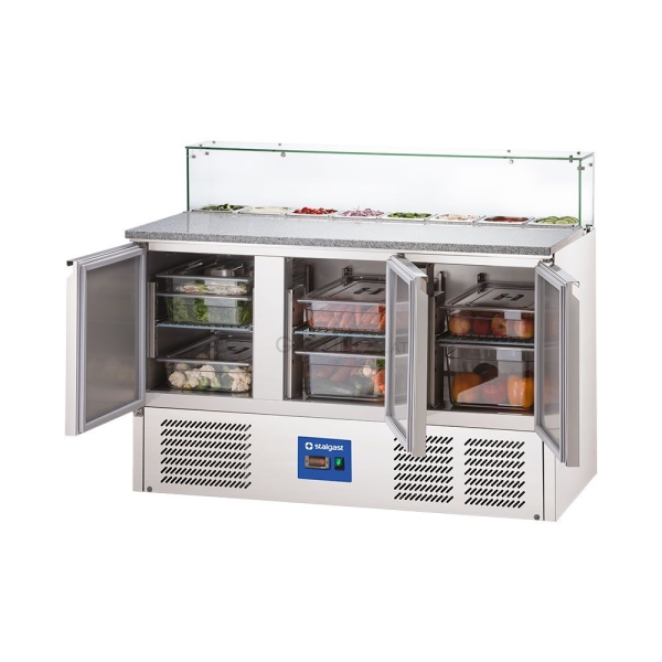 Stalgast Starline Pizzatisch mit Kühlaufsatz und Glasabdeckung, 3-türig, 8x GN 1/6